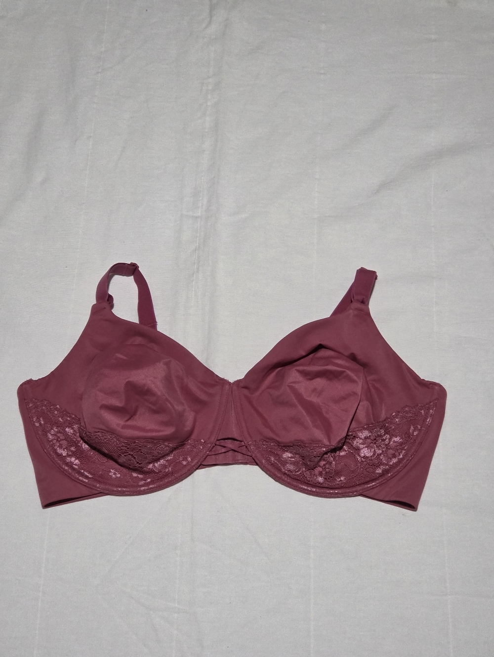 Vanity Rose-Mauve Lace Trim Underwire Bra Size 44DD.